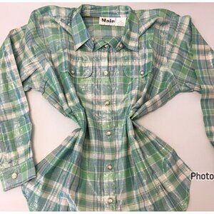 Vintage 80s NOS Green Silver Lurex Metallic Button Front Shirt Retro Disco (IB)